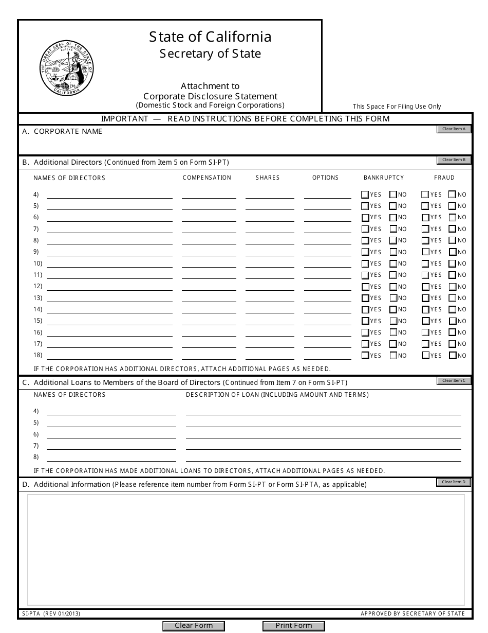 Form SI-PT Corporate Disclosure Statement (Domestic Stock and Foreign Corporations) - California, Page 5