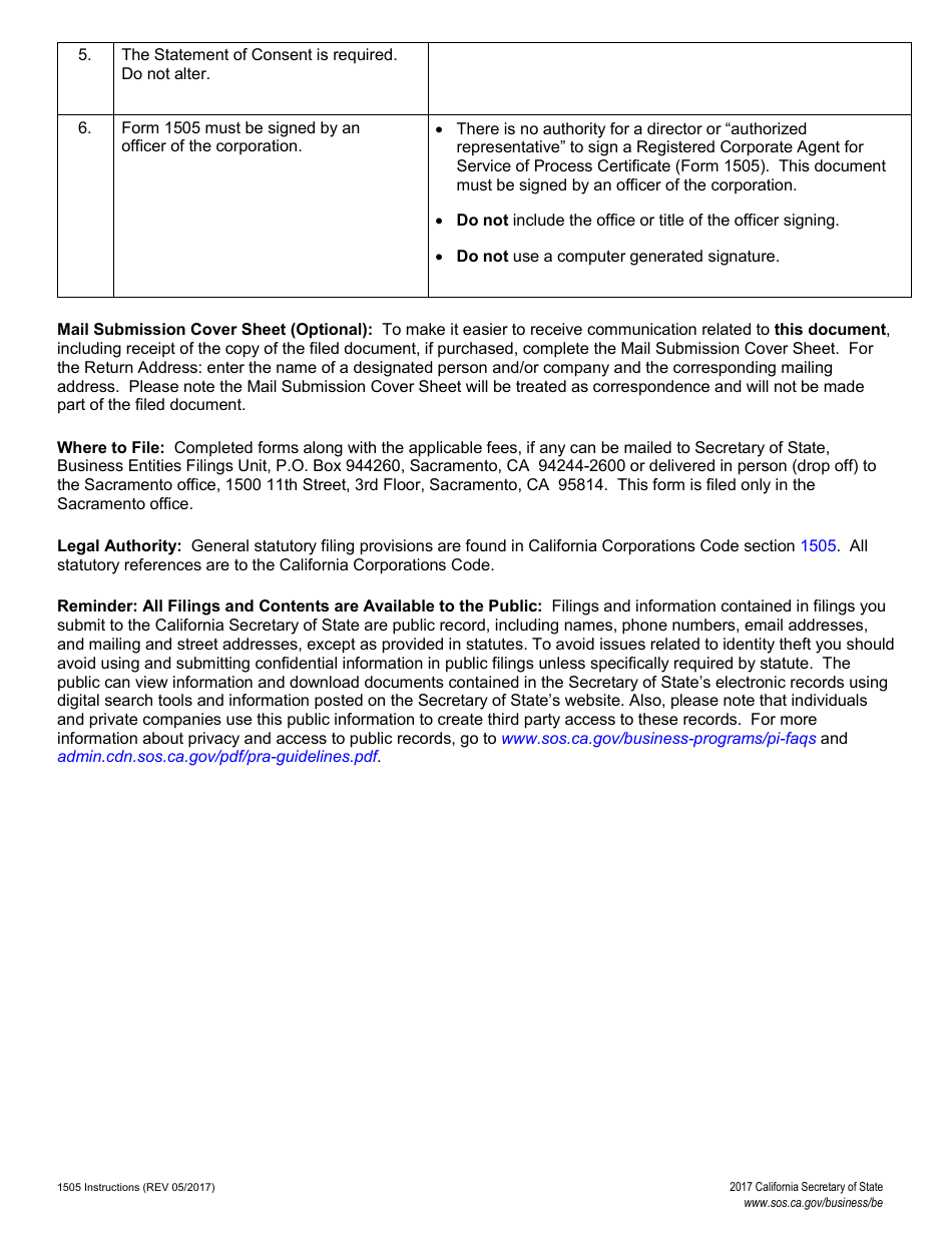 Form 1505 Registered Corporate Agent for Service of Process Certificate - California, Page 3