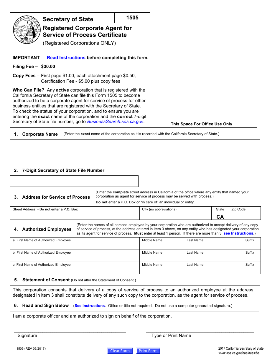 Form 1505 Registered Corporate Agent for Service of Process Certificate - California, Page 5