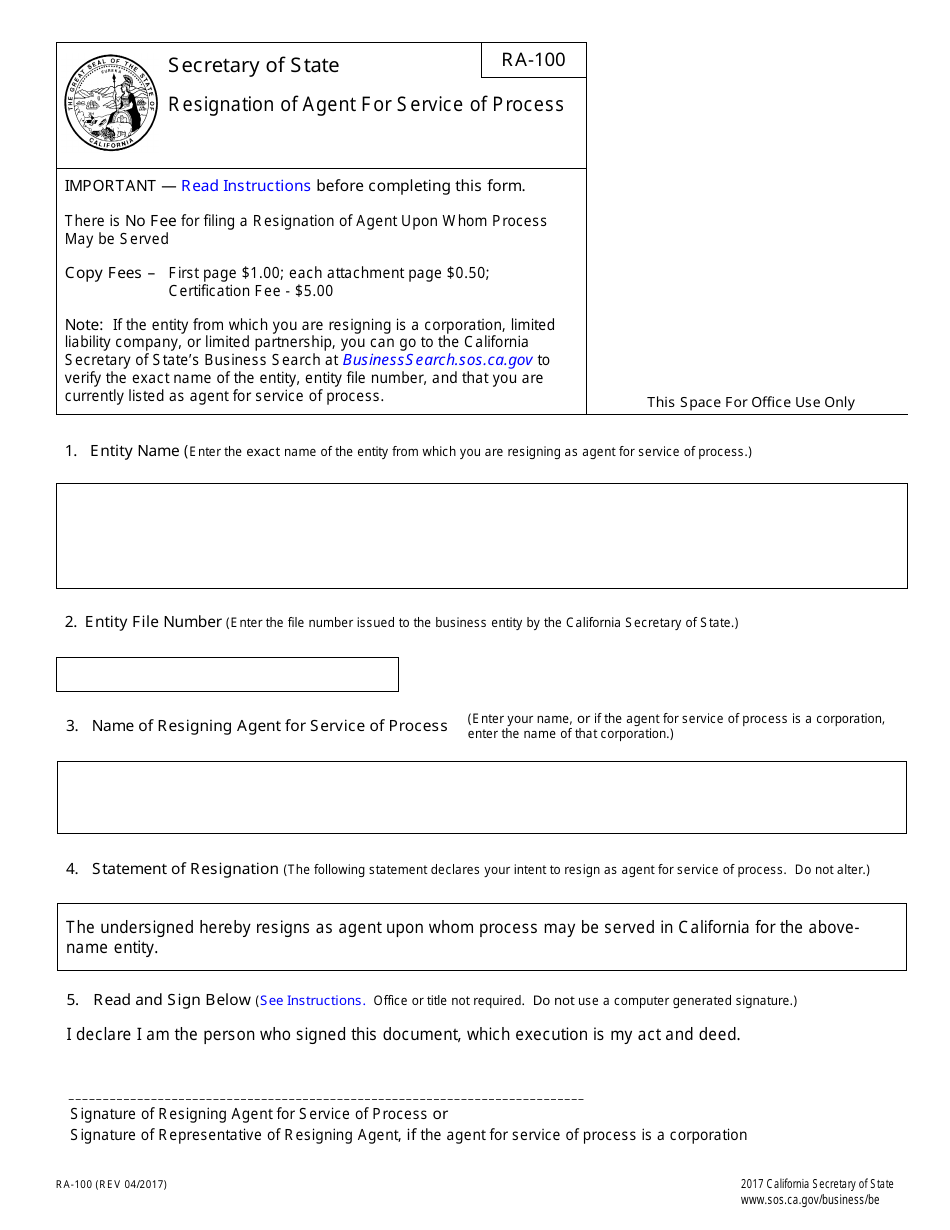Form RA-100 Resignation of Agent for Service of Process - California, Page 4