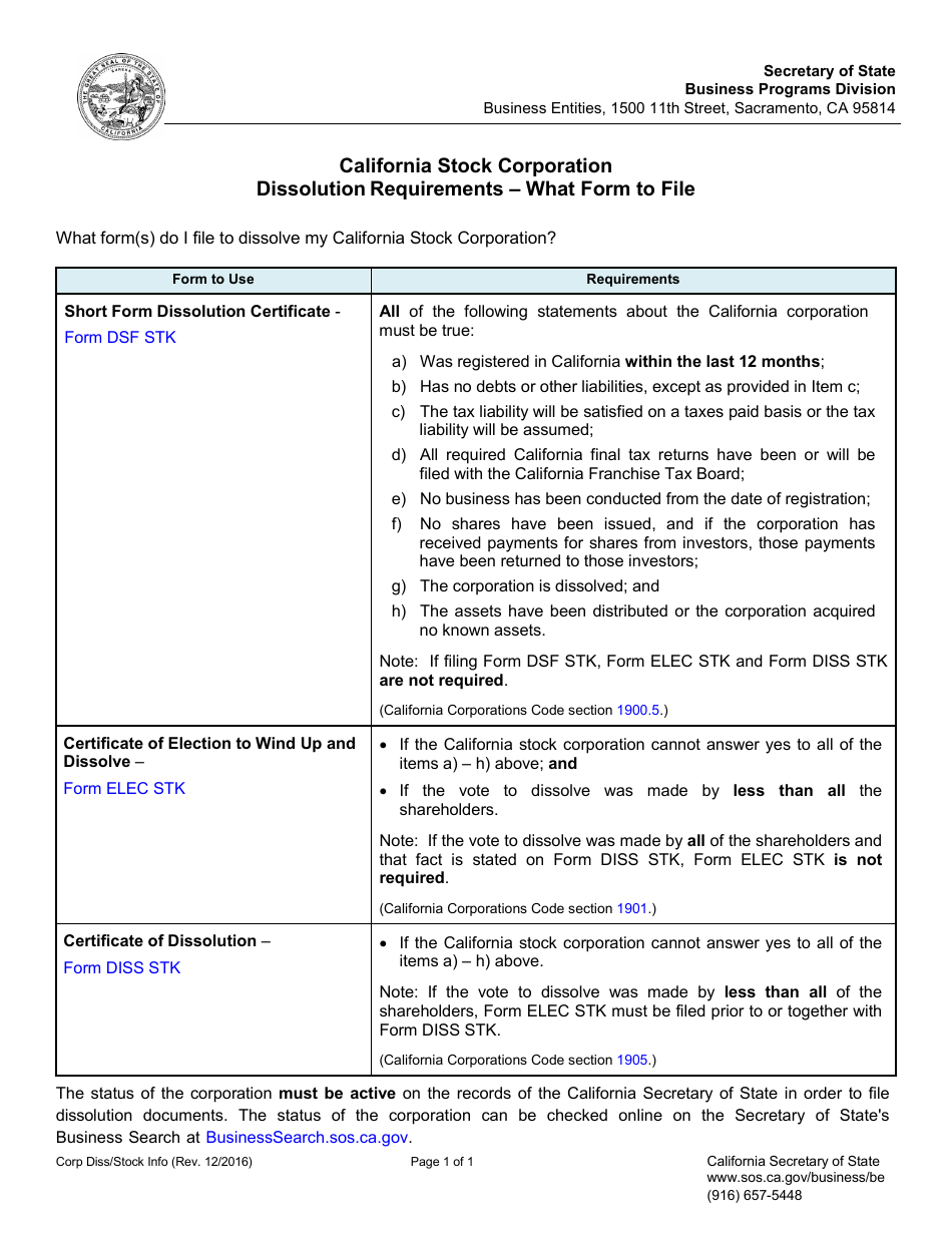 Form DSF STK Short Form Dissolution Certificate - Stock - California, Page 1
