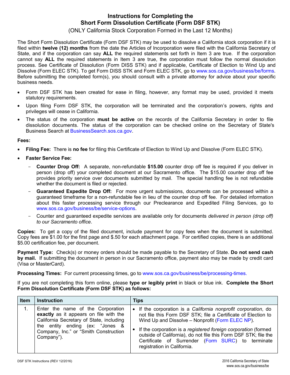 Form DSF STK Short Form Dissolution Certificate - Stock - California, Page 2