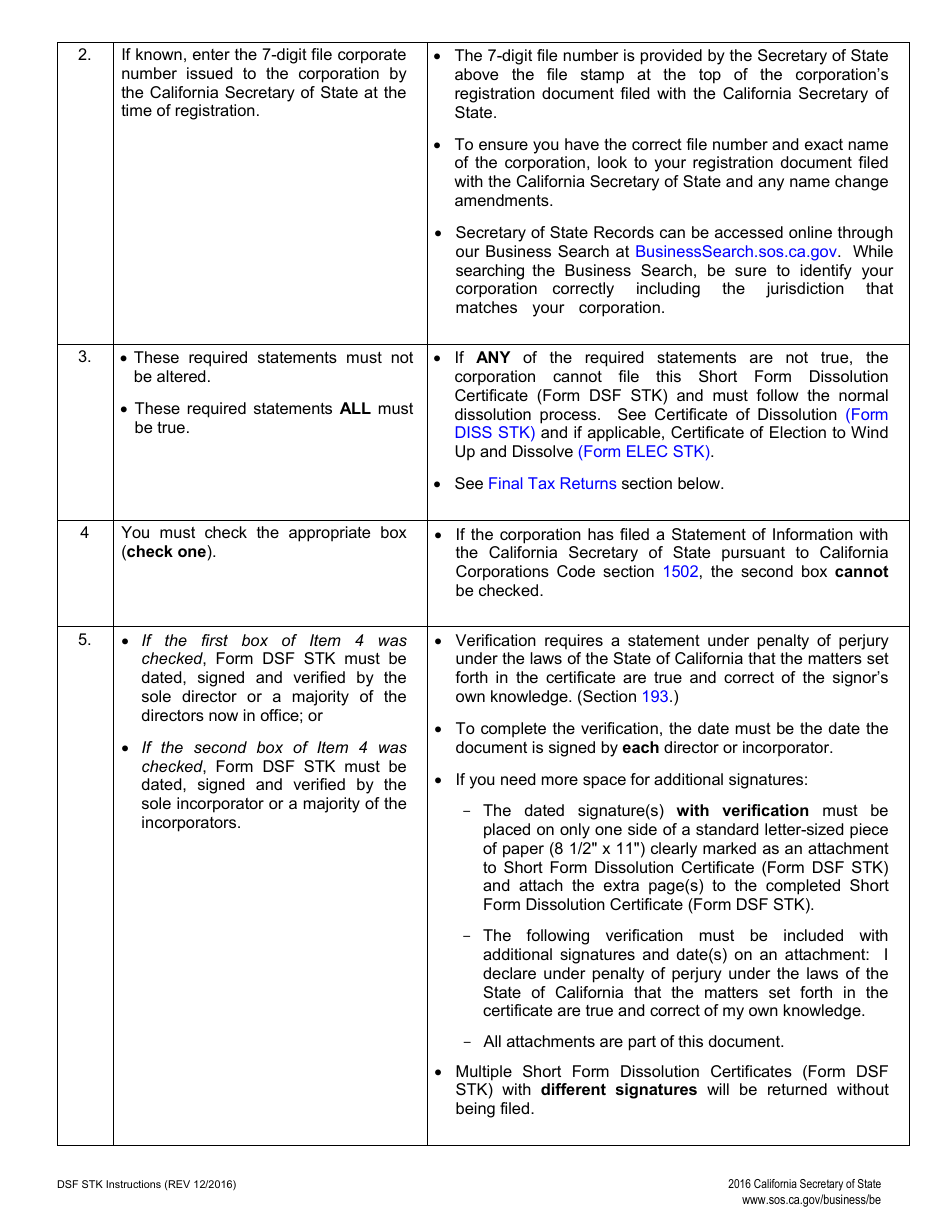 Form DSF STK Short Form Dissolution Certificate - Stock - California, Page 3