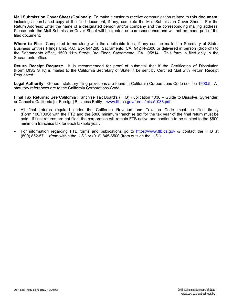 Form DSF STK Short Form Dissolution Certificate - Stock - California, Page 4