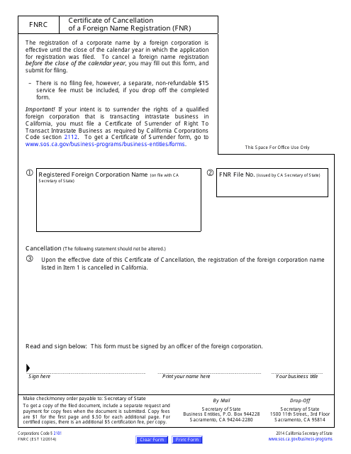 Form FNRC Certificate of Cancellation of a Foreign Name Registration (Fnr) - California