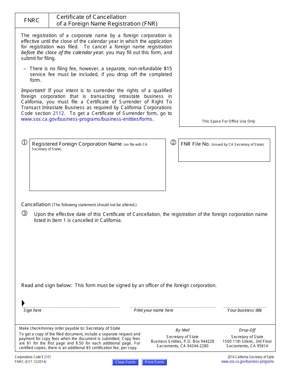 Form FNRC Certificate of Cancellation of a Foreign Name Registration (Fnr) - California, Page 1