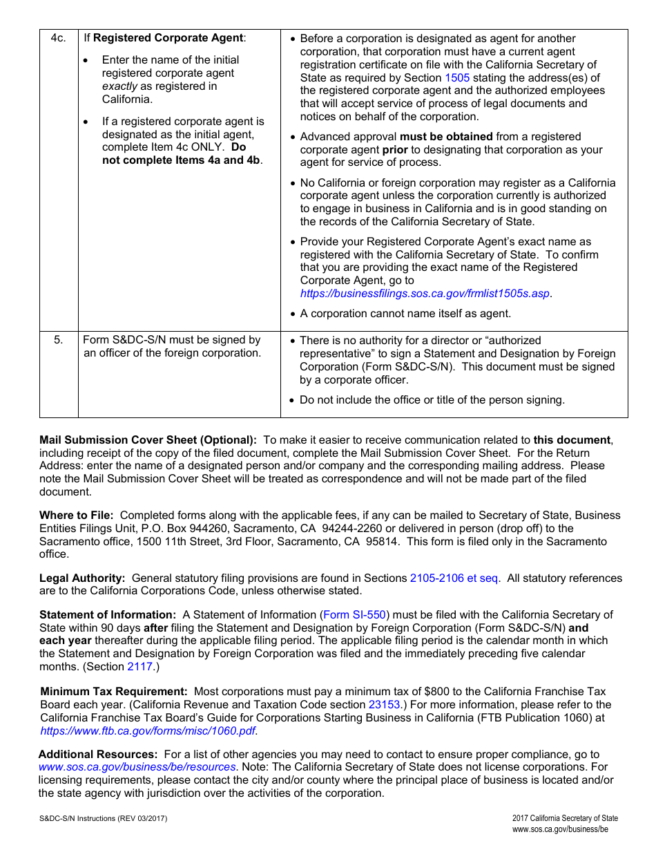 Form SDC-S / N Statement of Designation by Foreign Corporation - Stock - California, Page 3