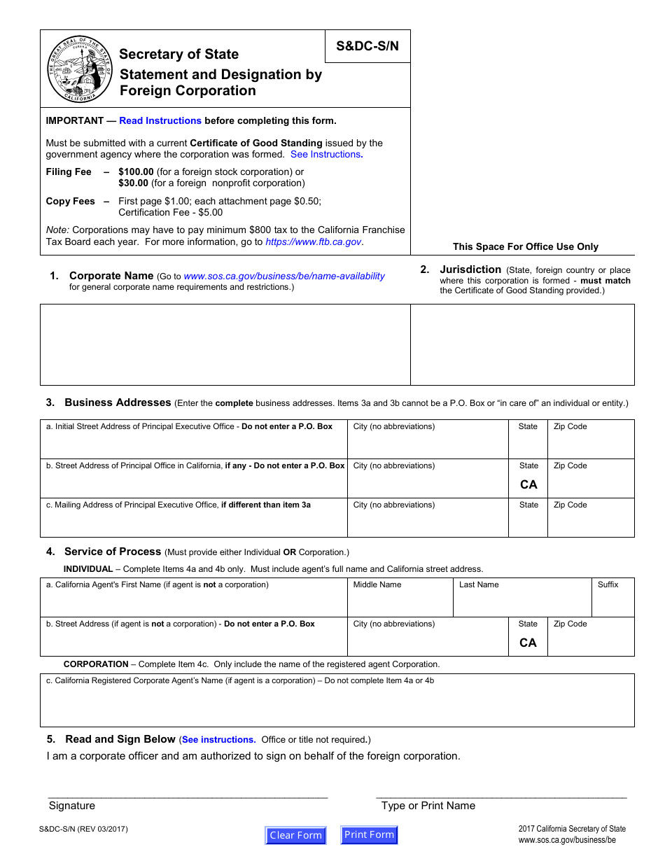 Form SDC-S / N Statement of Designation by Foreign Corporation - Stock - California, Page 5