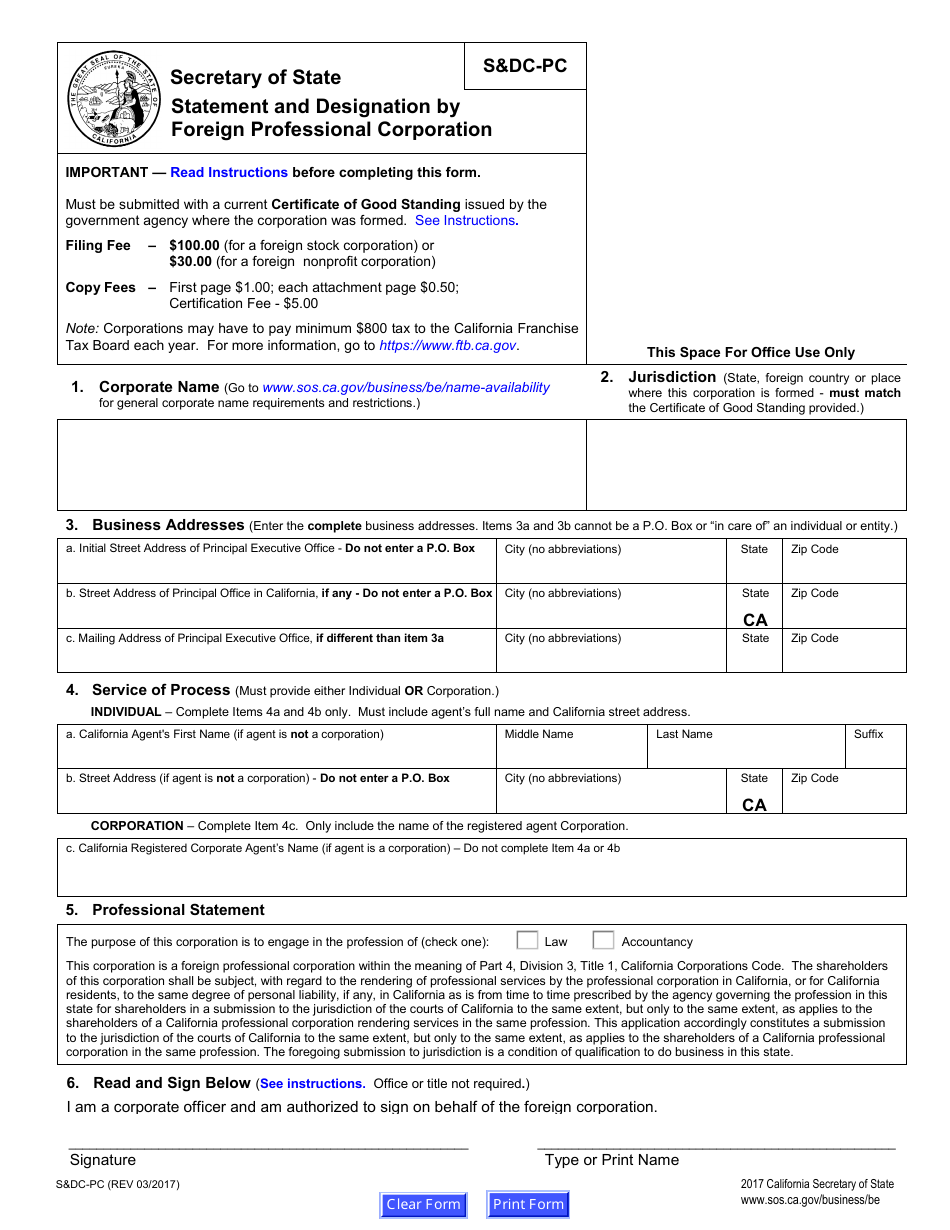 Form SDC-PC Statement and Designation by Foreign Corporation - Professional - California, Page 5