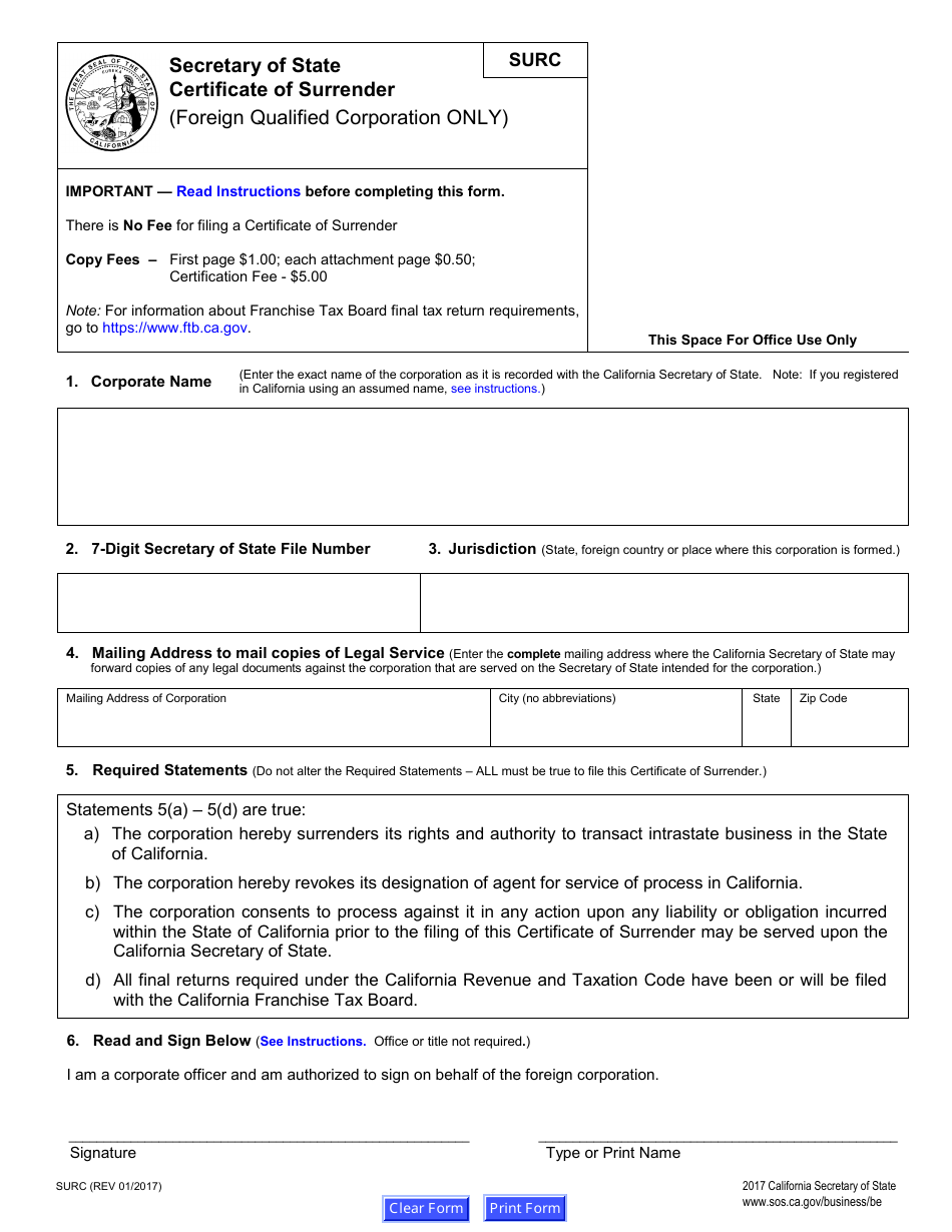 Form SURC Certificate of Surrender - California, Page 5