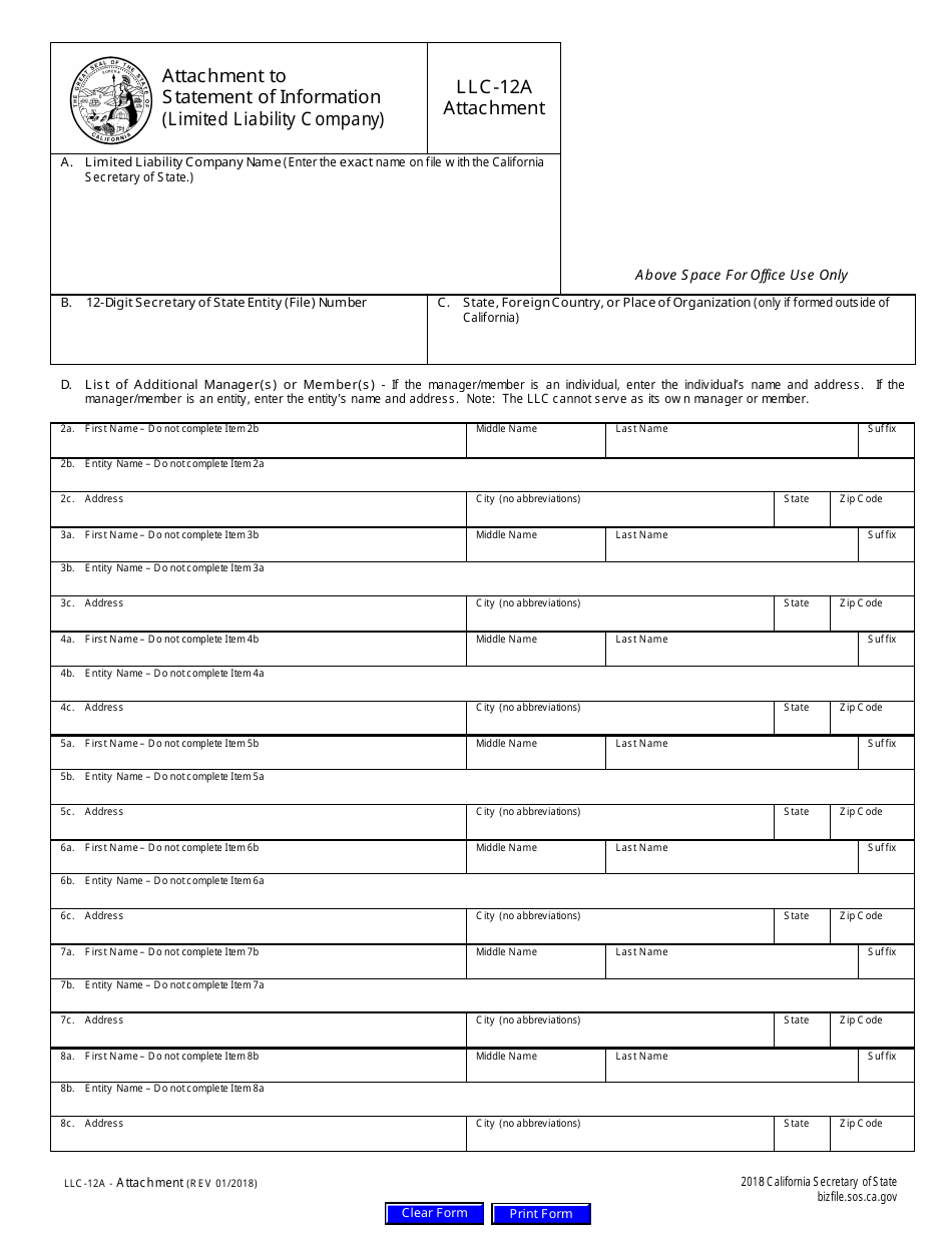 Form LLC12A Fill Out, Sign Online and Download Fillable PDF