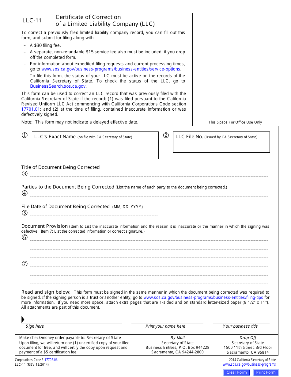 Form LLC-11 Certificate of Correction of a Limited Liability Company (LLC) - California, Page 1