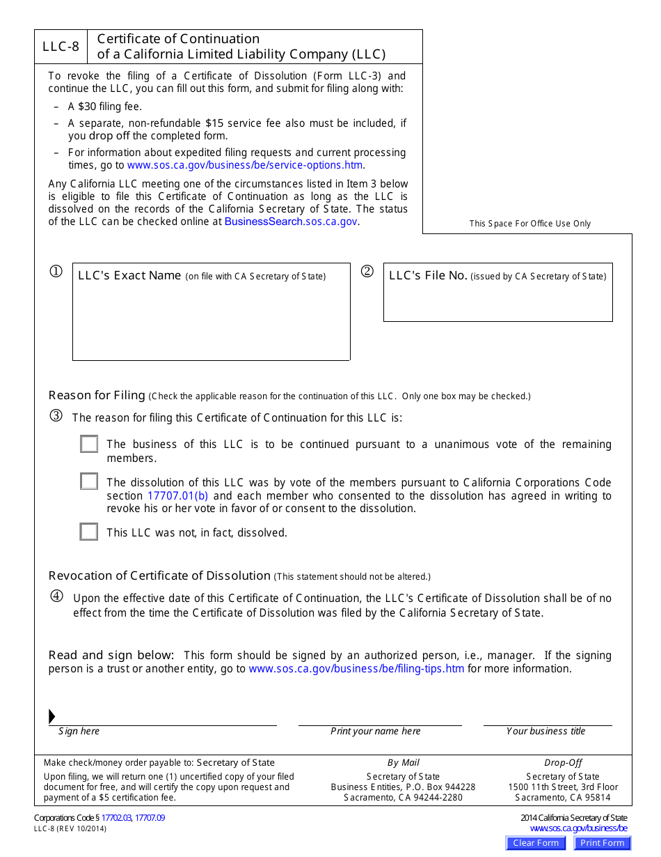 Form LLC-8 Certificate of Continuation of a California Limited Liability Company (LLC) - California, Page 1