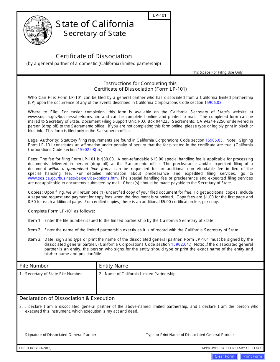 Form LP-101 Certificate of Dissociation - California, Page 1