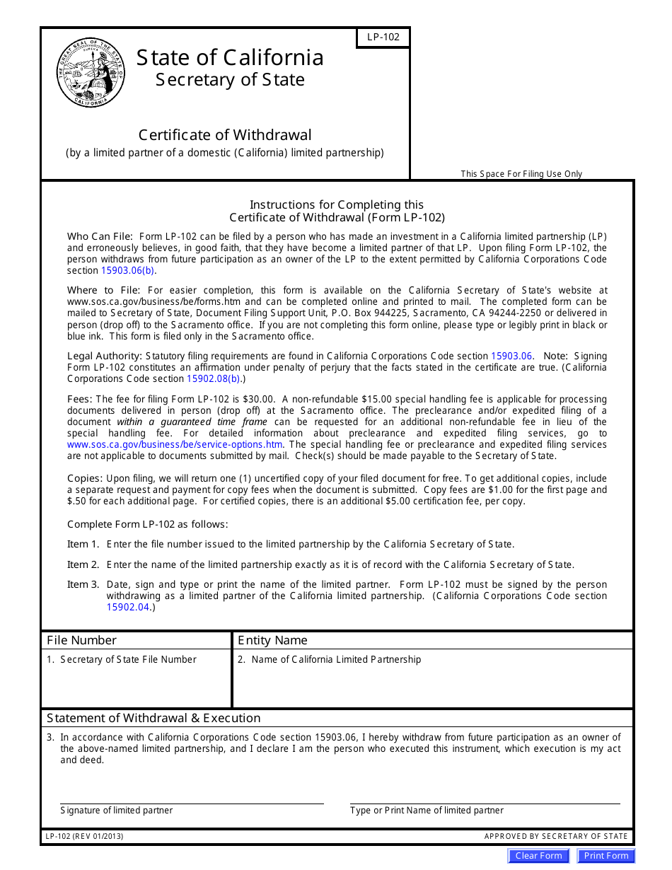 Form LP-102 Certificate of Withdrawal - California, Page 1
