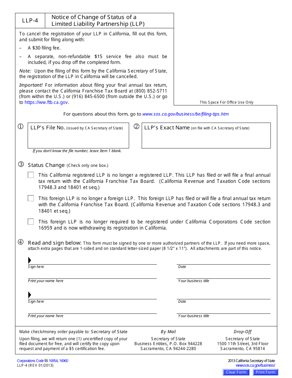Form LLP-4 Notice of Change of Status a Limited Liability Partnership (LLP ) - California, Page 1
