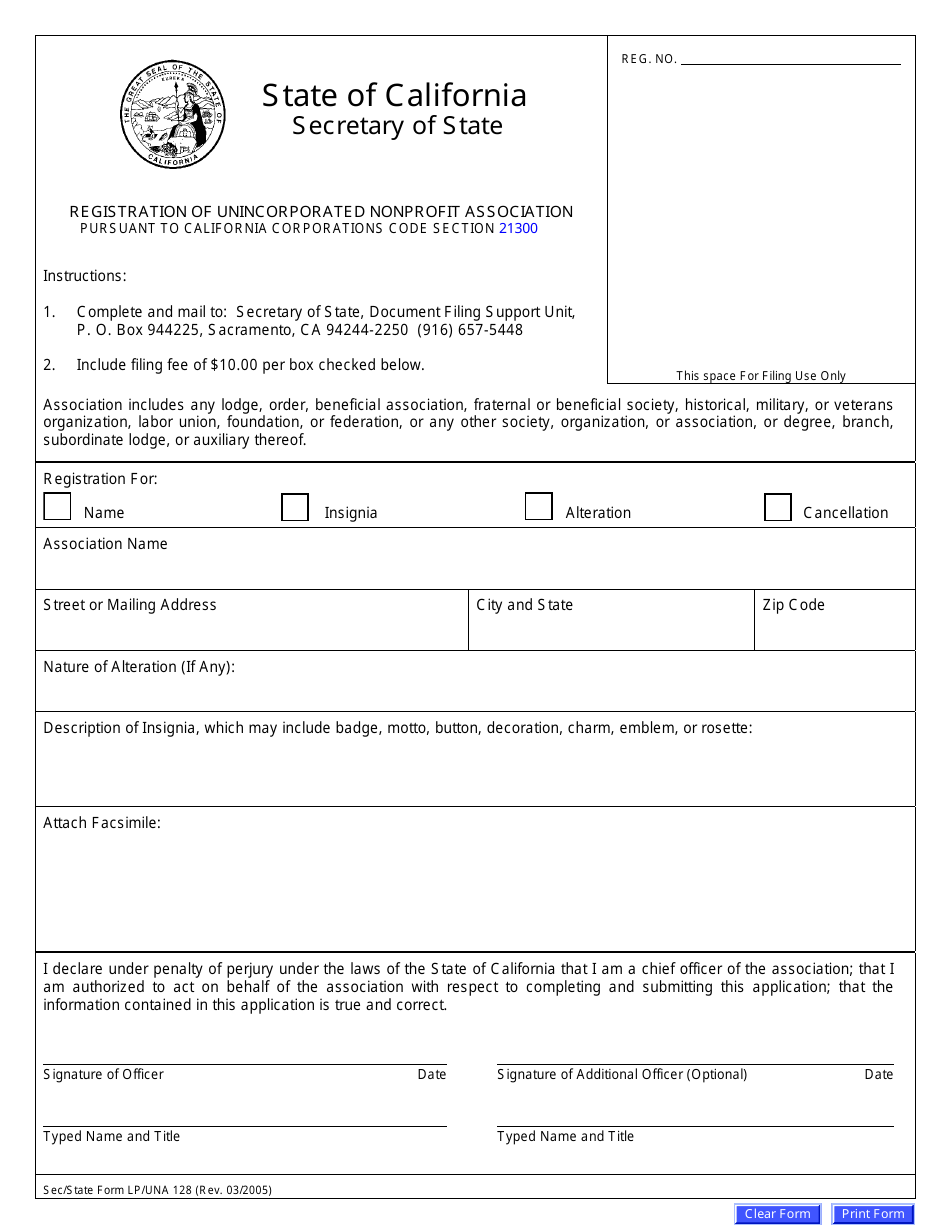 Form LP / UNA128 Registration of Unincorporated Nonprofit Association - California, Page 1