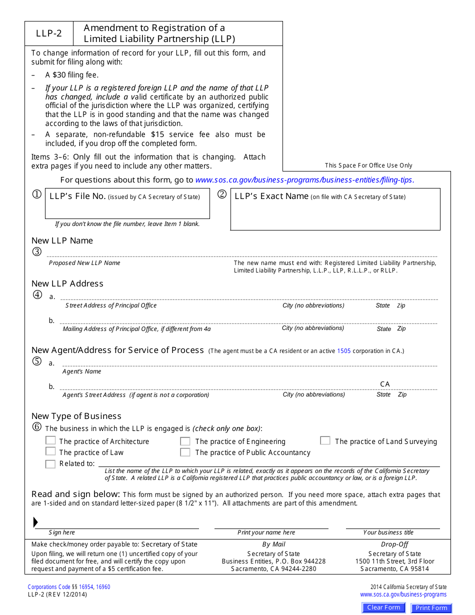 Form LLP-2 Amendment to Registration of a Limited Liability Partnership (LLP ) - California, Page 1
