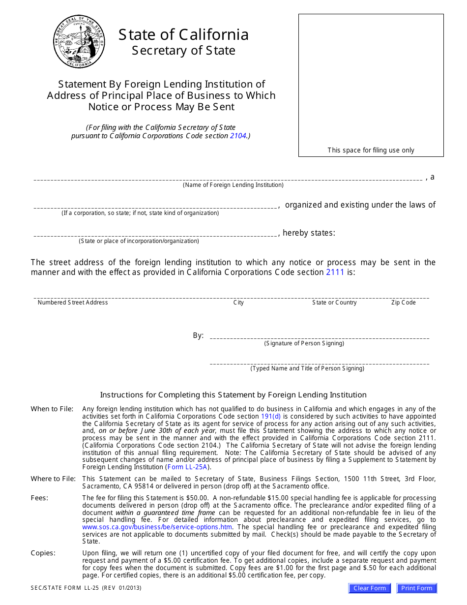 Form LL-25 Statement by Foreign Lending Institution of Address of Principal Place of Business to Which Notice or Process May Be Sent - California, Page 1