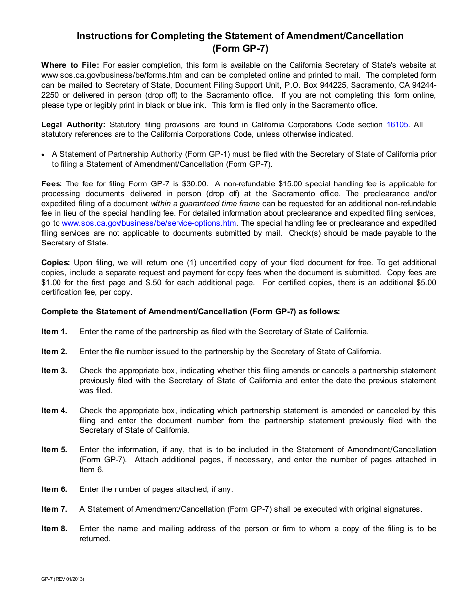 Form GP-7 Statement of Amendment / Cancellation - California, Page 1