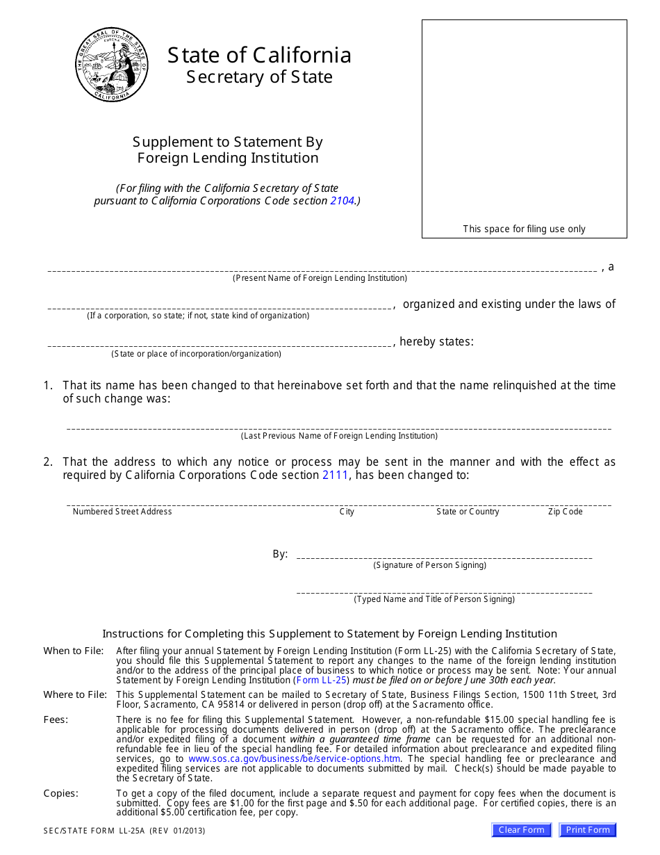 Form LL-25A Supplement to Statement by Foreign Lending Institution - California, Page 1