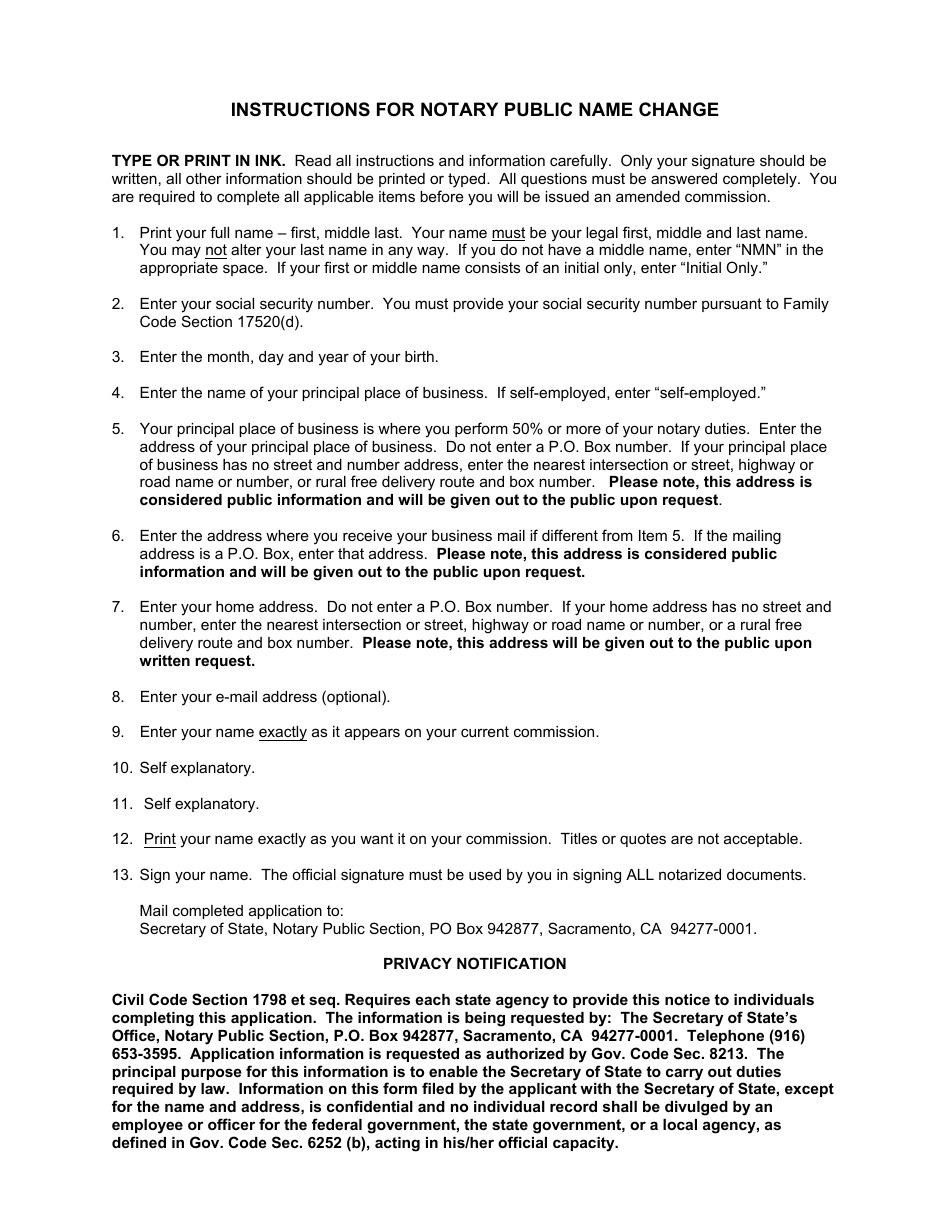 Form SOS / NP33 Notary Public Name Change - California, Page 1