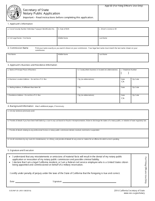 Form SOS/NP-30  Printable Pdf