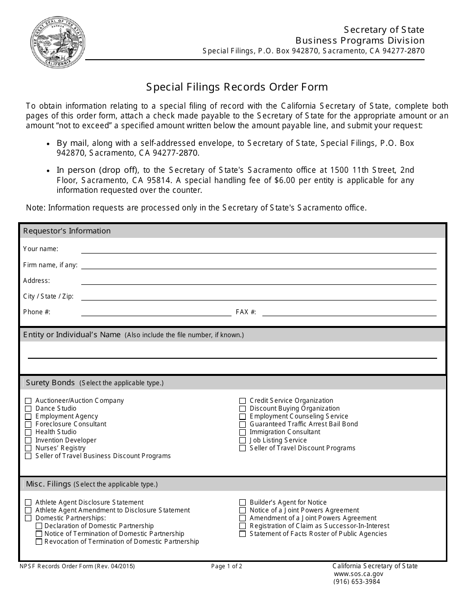 Special Filings Records Order Form - California, Page 1