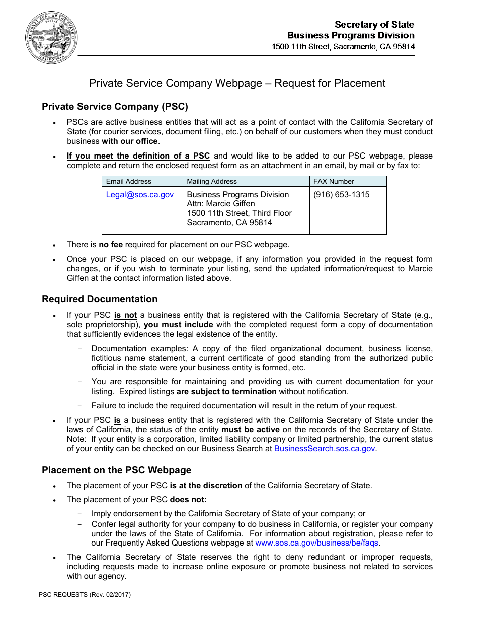 Private Service Company Request Form - California, Page 1