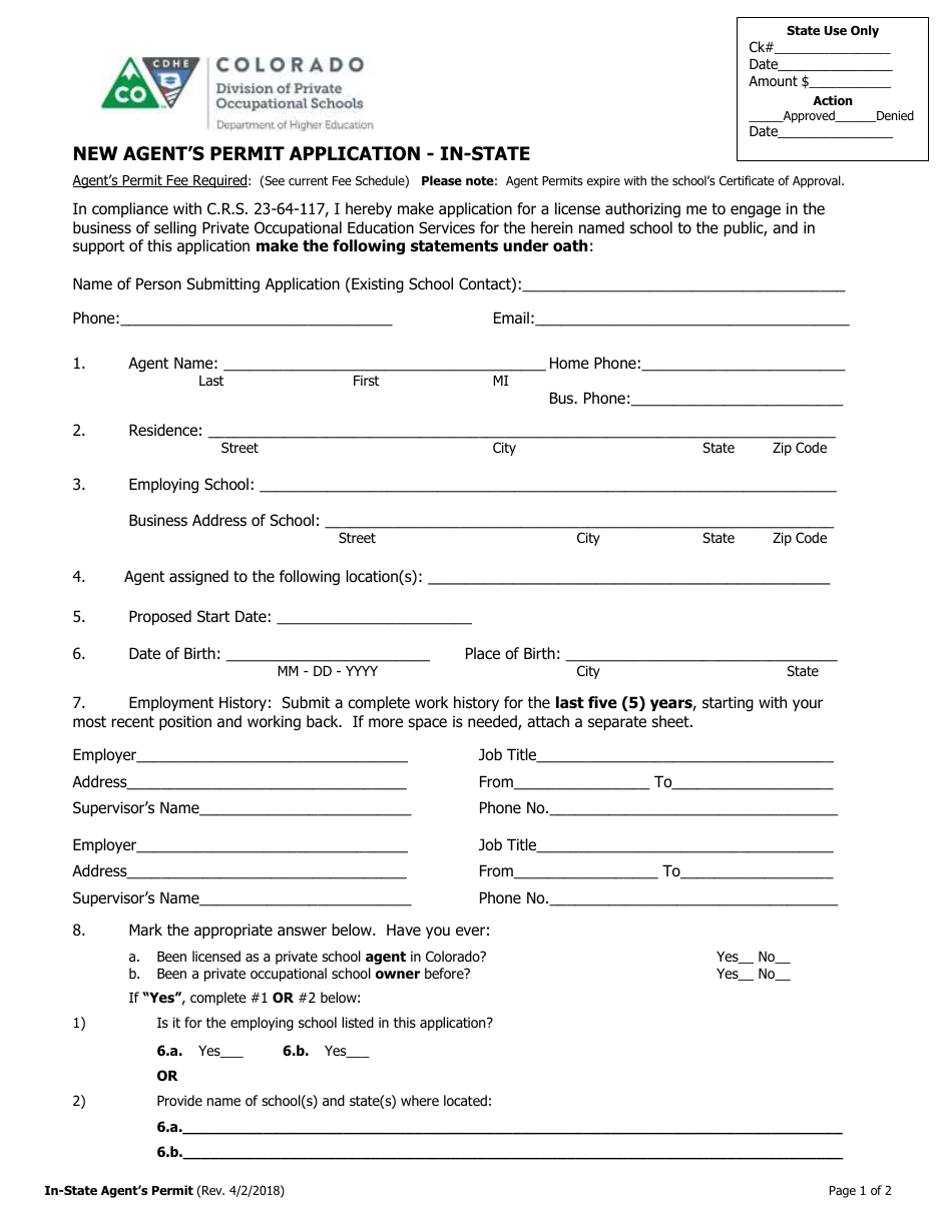 New Agents Permit Application - in-State - Colorado, Page 1