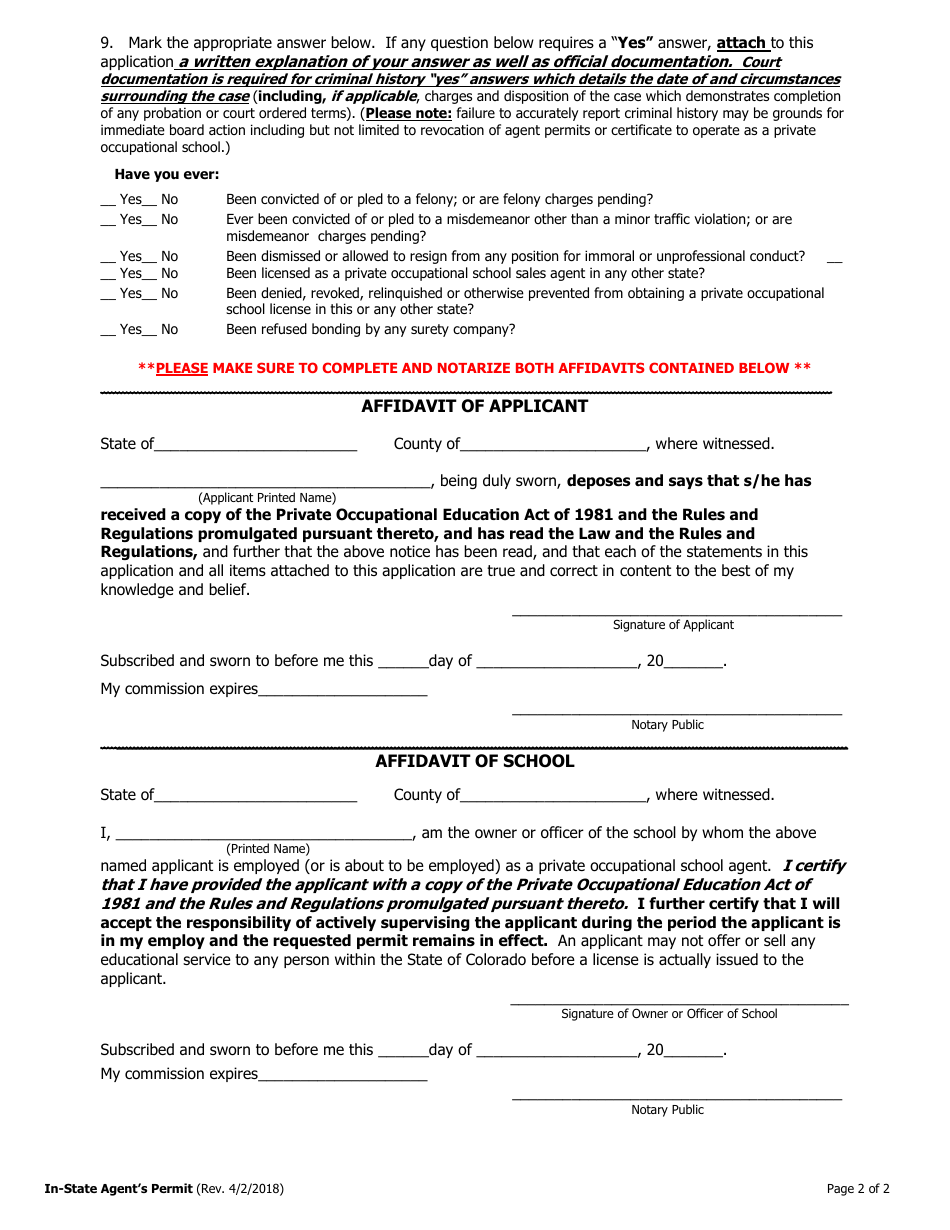 Colorado New Agent's Permit Application inState Fill Out, Sign