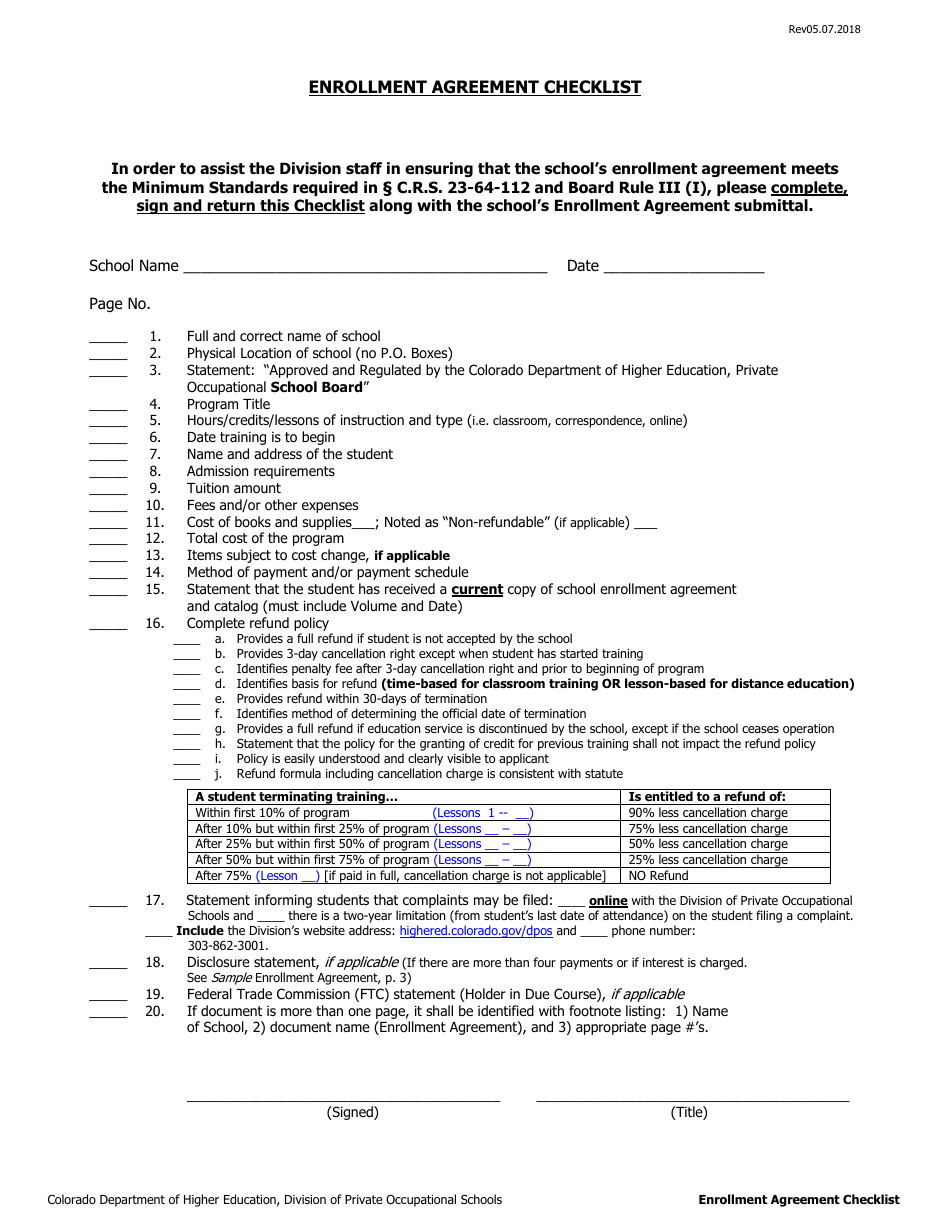 Enrollment Agreement Checklist - Colorado, Page 1