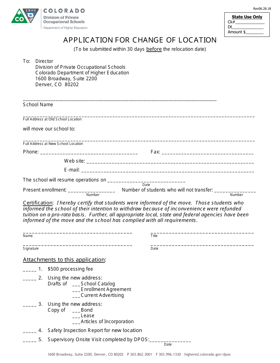 Application for Change of Location - Colorado, Page 1