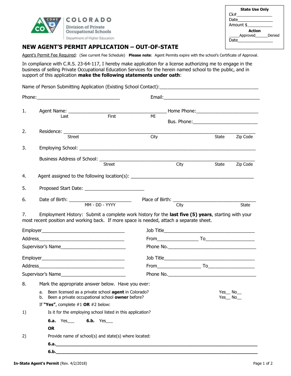 New Agents Permit Application Form - out-Of-State - Colorado, Page 1