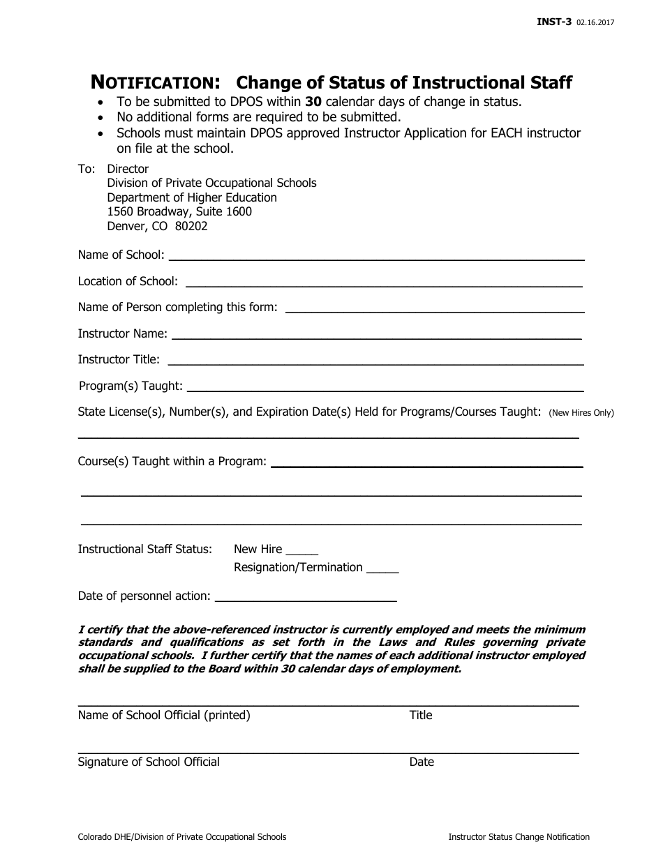Form INST-3 Change of Status of Instructional Staff - Colorado, Page 1