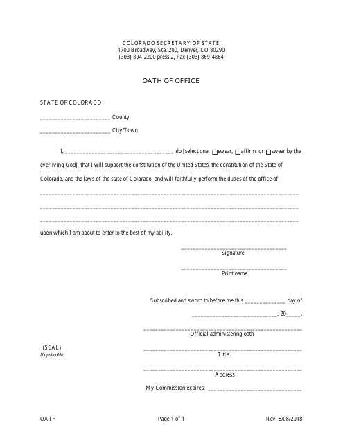 Colorado Oath of Office - Fill Out, Sign Online and Download PDF ...