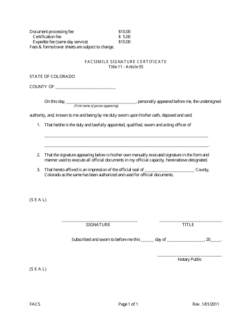 Facsimile Signature Certificate Form - Colorado