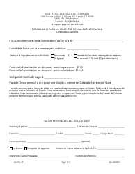Document preview: Formulario Para La Solicitud De Una Autenticacion - Certificado O Apostilla - Colorado (Spanish)