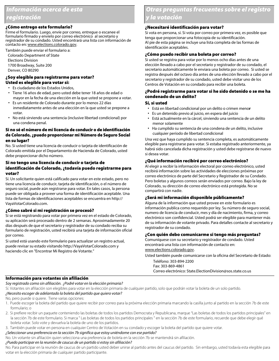 Formulario 100-S Formulario De Registracion De Votante De Colorado - Colorado (Spanish), Page 2