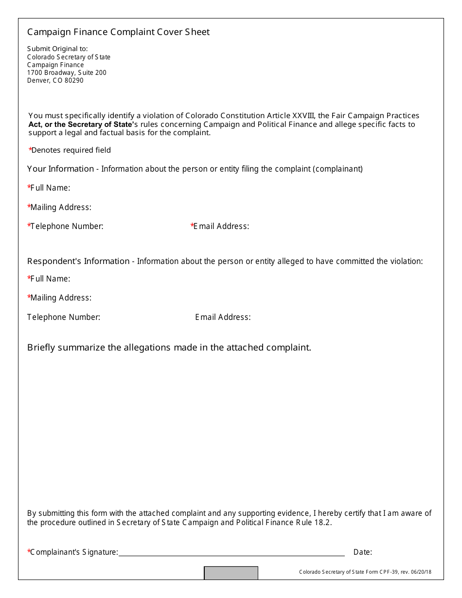 Form CPF-39 Campaign Finance Complaint Cover Sheet - Colorado, Page 1