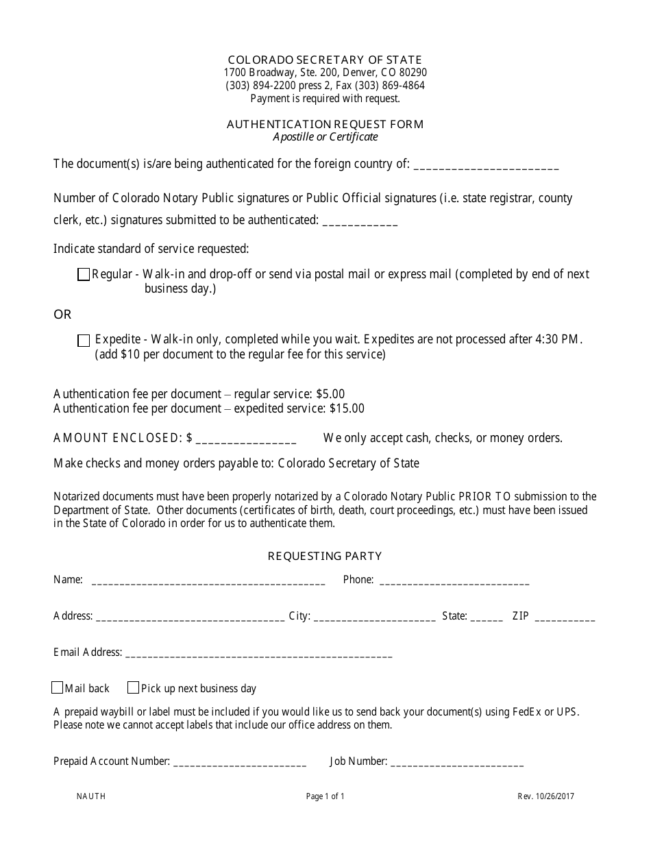 Authentication Request Form - Apostille or Certificate - Colorado, Page 1