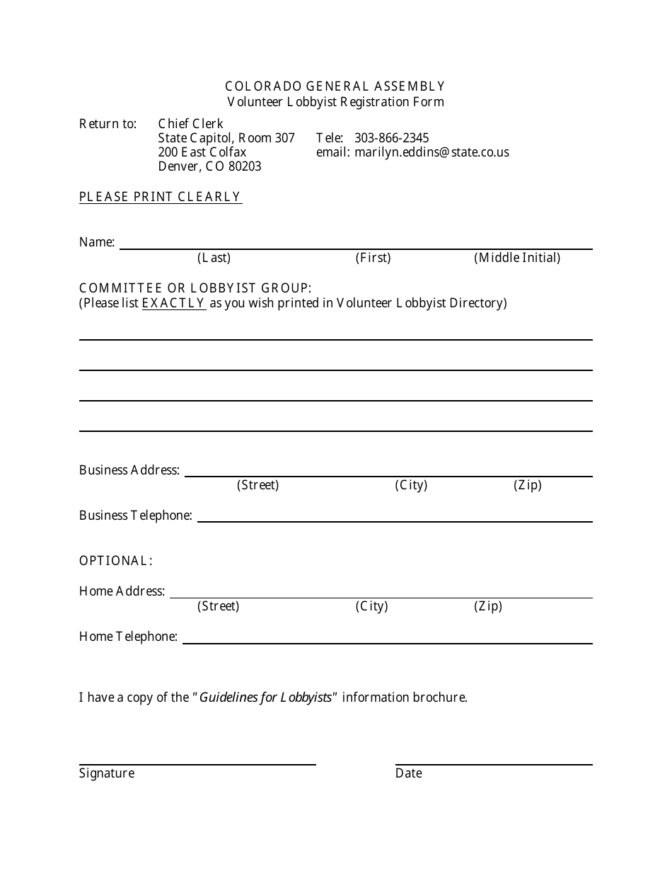 Volunteer Lobbyist Registration Form - Colorado, Page 1