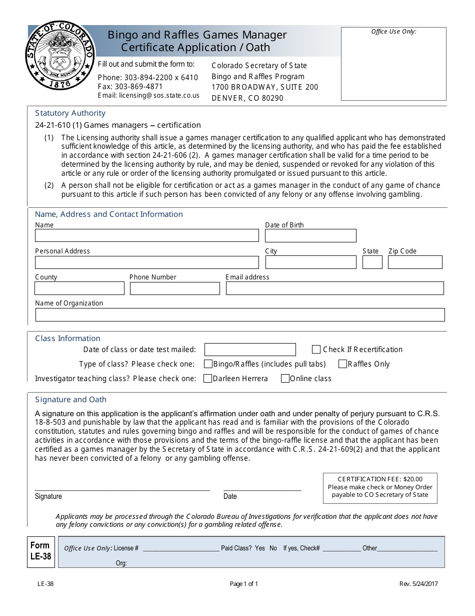 Form LE-38 Bingo and Raffles Games Manager Certificate Application / Oath - Colorado, Page 1