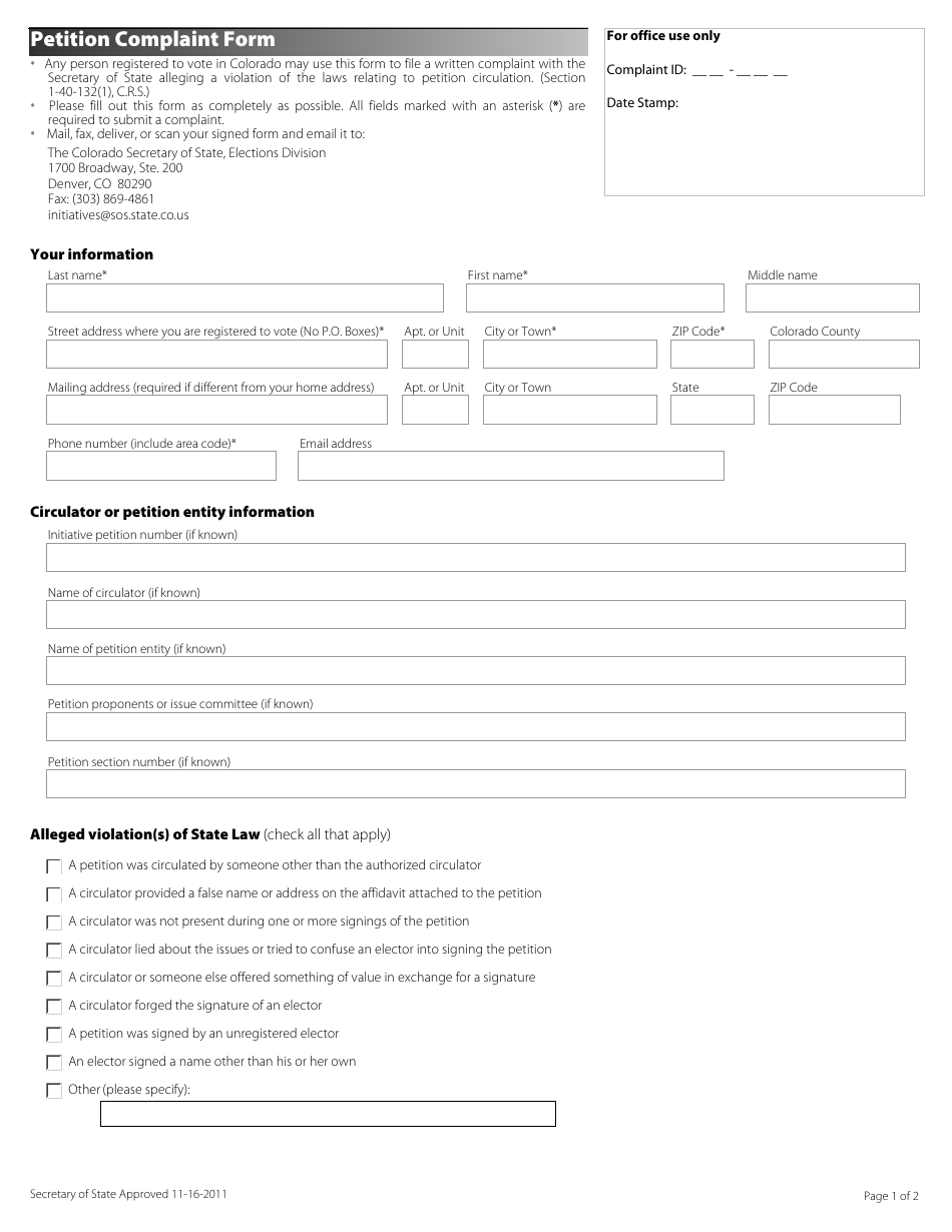 Petition Complaint Form - Colorado, Page 1