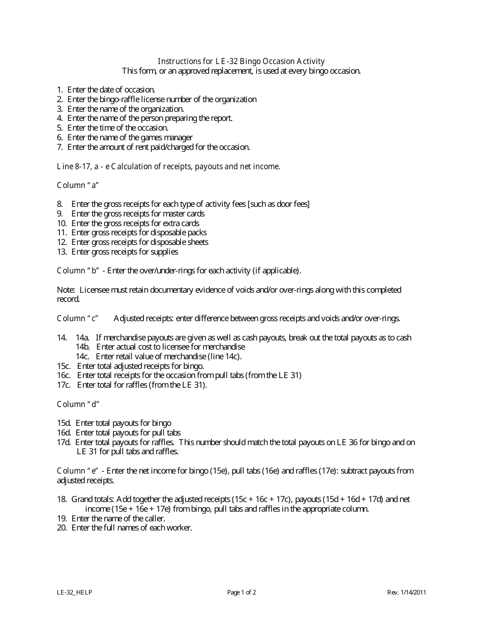 Instructions for Form LE-32 Bingo Occasion Activity - Colorado, Page 1