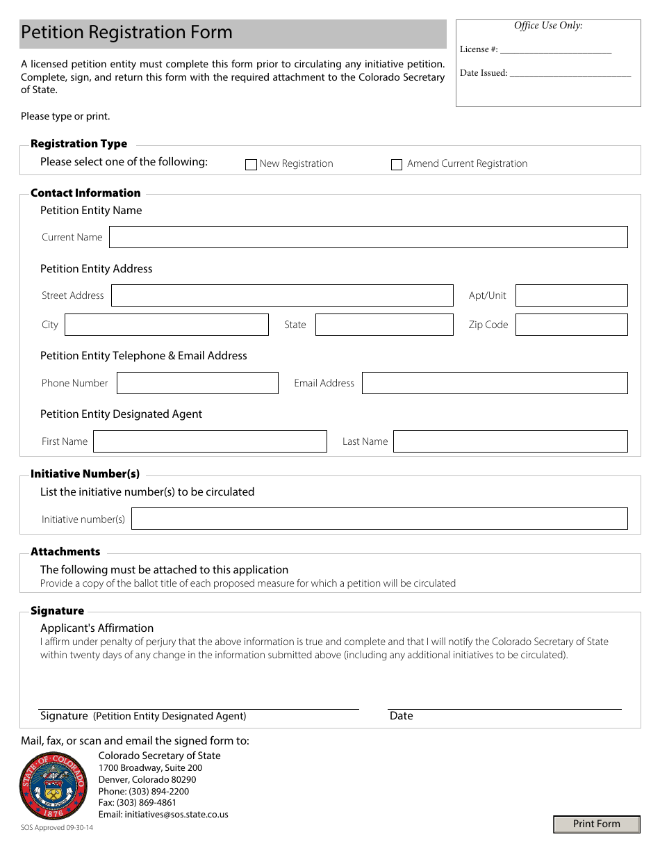 Petition Registration Form - Colorado, Page 1