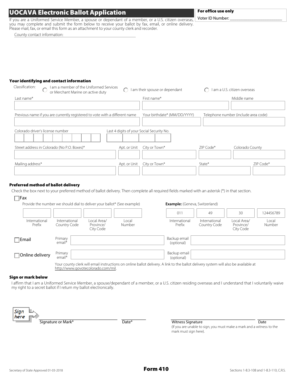 Form 410 Uocava Electronic Ballot Application - Colorado, Page 1