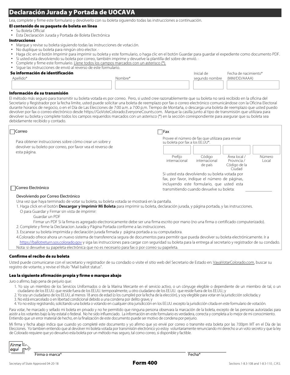 Formulario 400 Declaration Jurada Y Portada De Uocava - Colorado (Puerto Rican Spanish), Page 1
