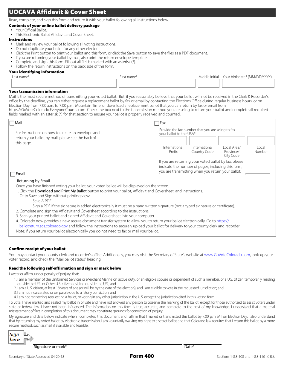 Form 400 Uocava Affidavit  Cover Sheet - Colorado, Page 1