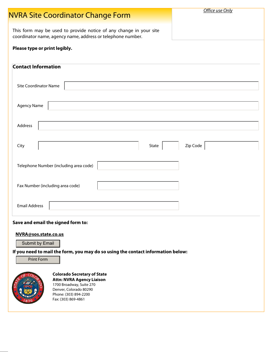 Nvra Site Coordinator Change Form - Colorado, Page 1